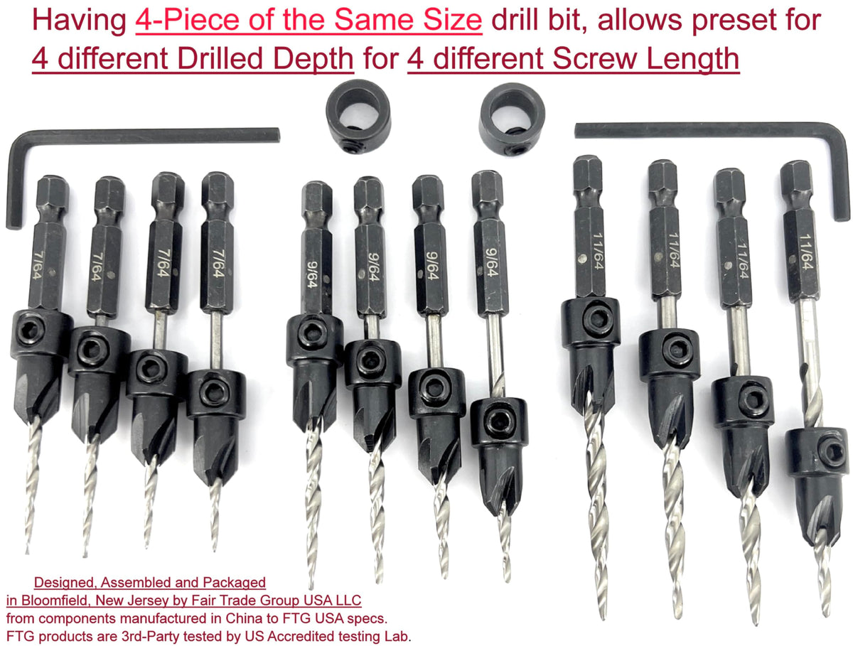 FTG USA Countersink Drill Bit Set #4, #6, #8 (4 Pc Each) Tapered Drill Bits