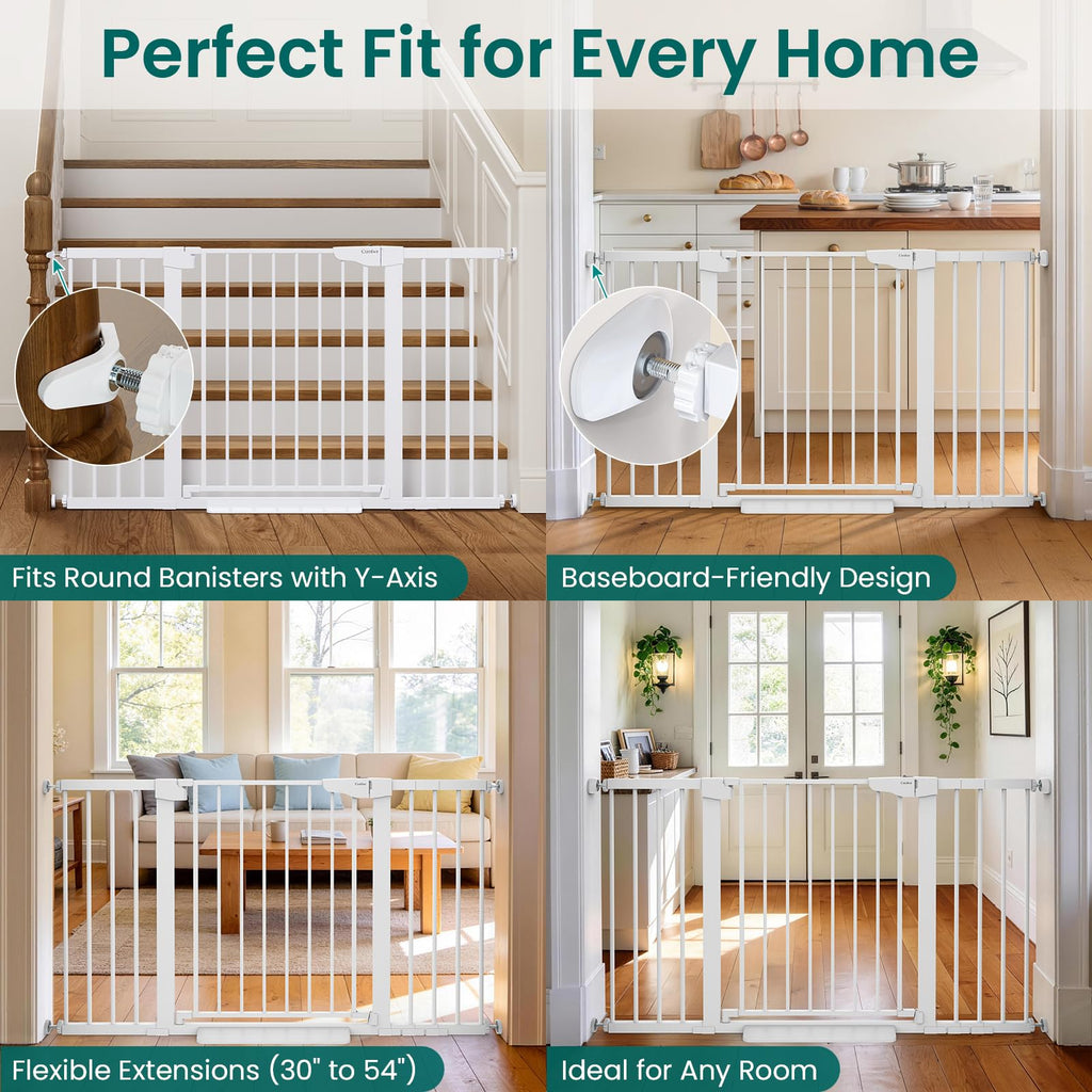 30-54" Extra-Wide Adjustable Hardware/Pressure-Mounted Pet & Child Safety Gate with Auto-Close Walk-Through Door for Stairs, Hallways & Wide Doorways — White