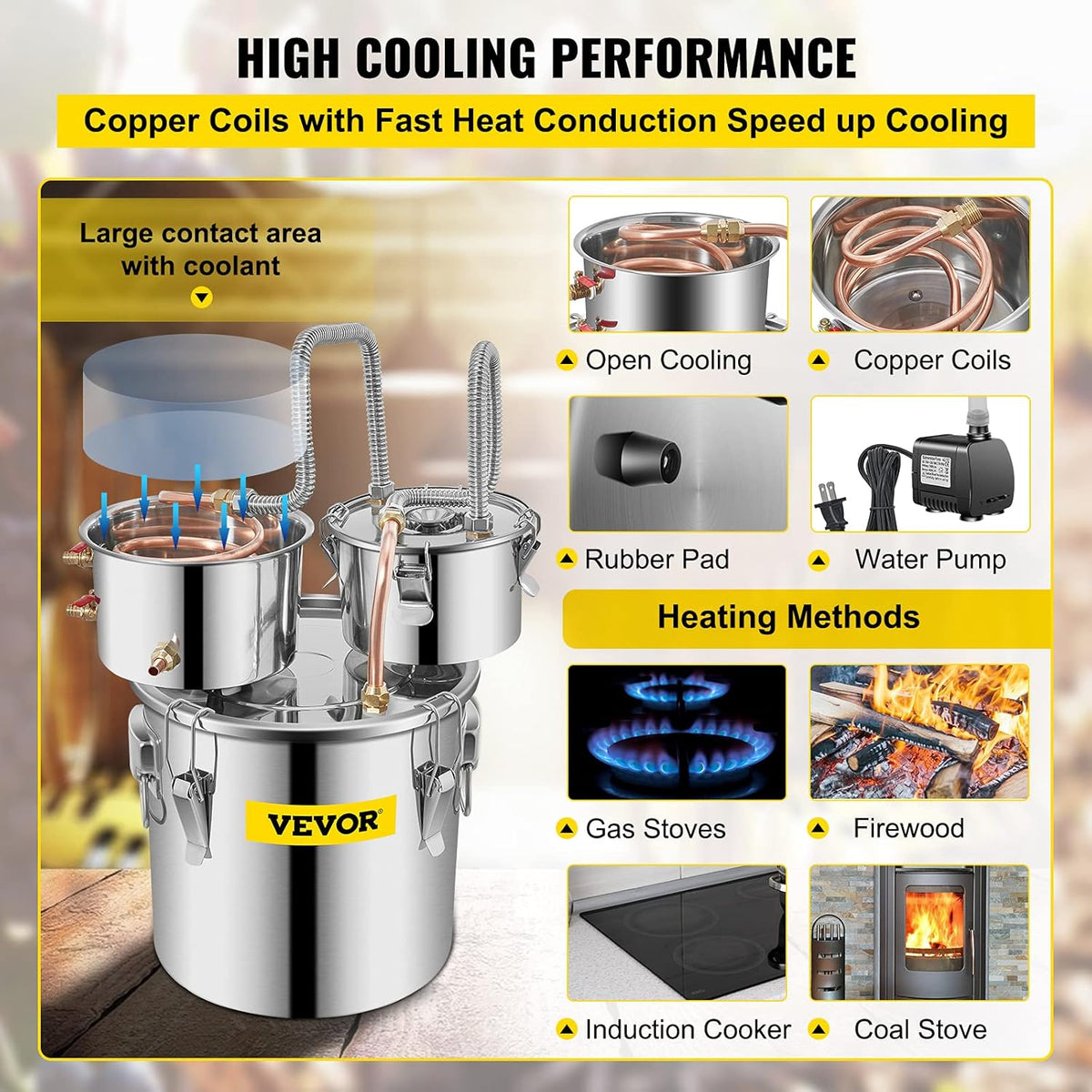 Alcohol Still, 3 Gallon, Stainless Steel Alcohol Distiller with Copper Tube & Build-in Thermometer & Water Pump