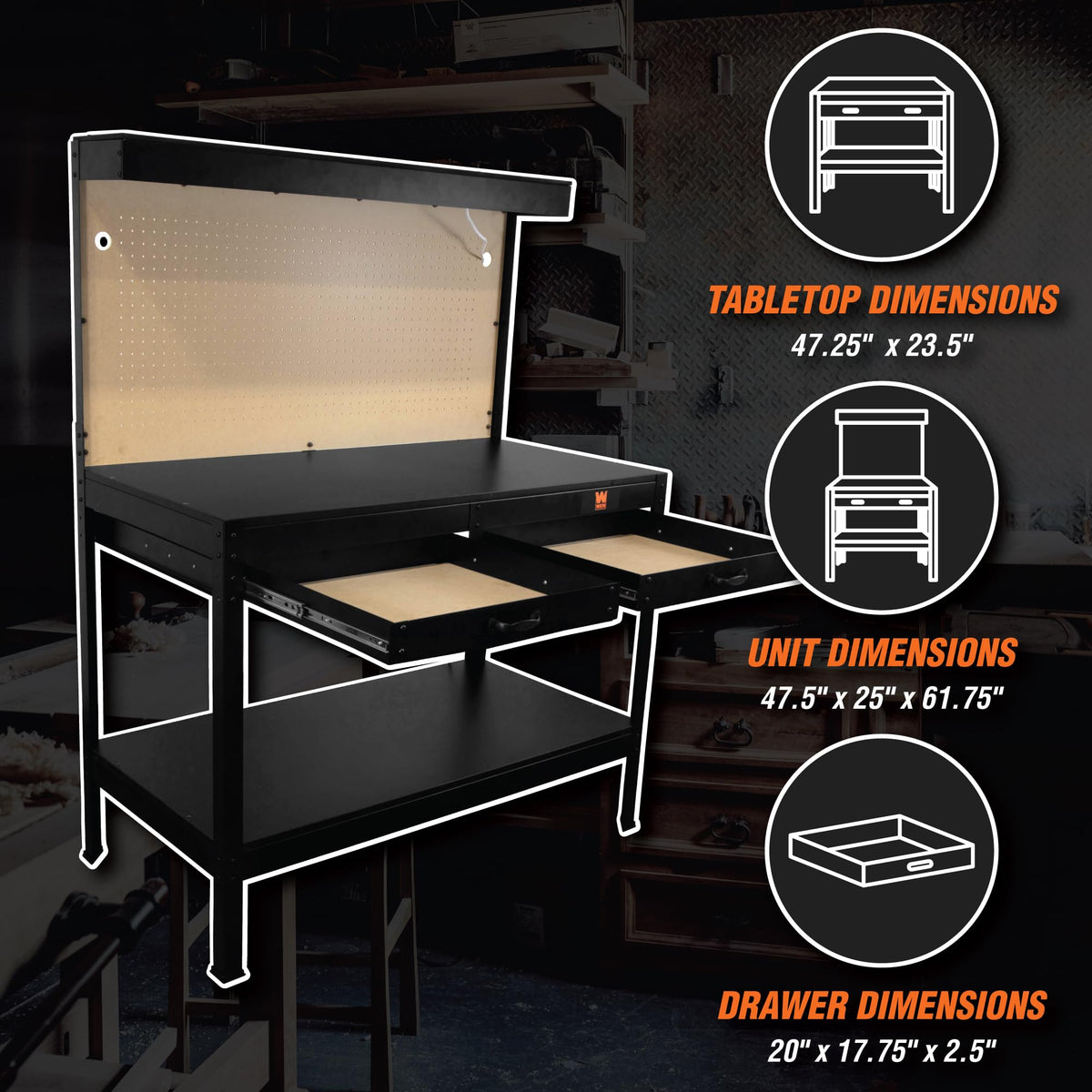 WB4723T 48-Inch Workbench with Power Outlets and Light, Black