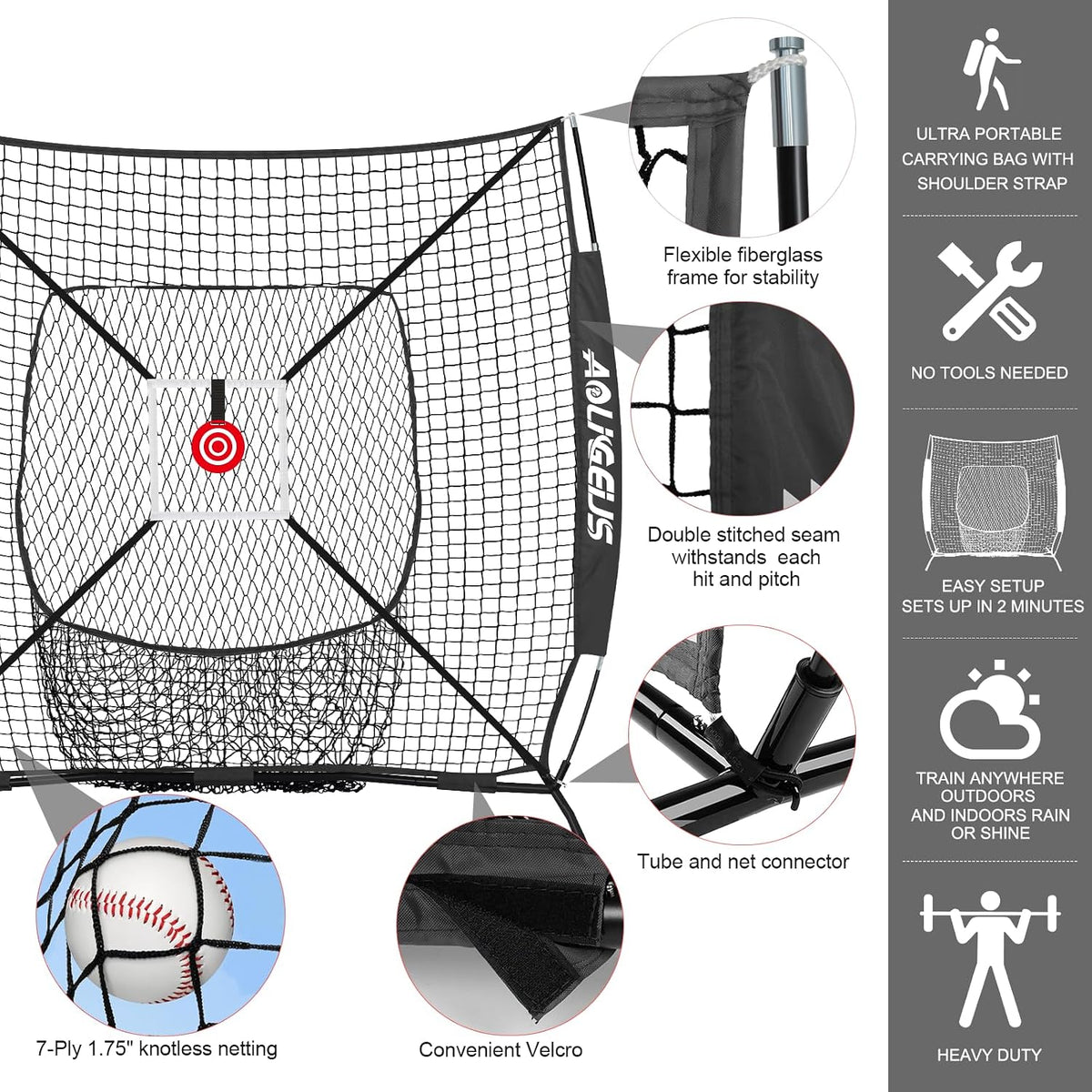 6'x6' Baseball Softball Pitching Net Practice Net,Batting Tee | Baseball Pitching Net with Batting Tee Strike Zone