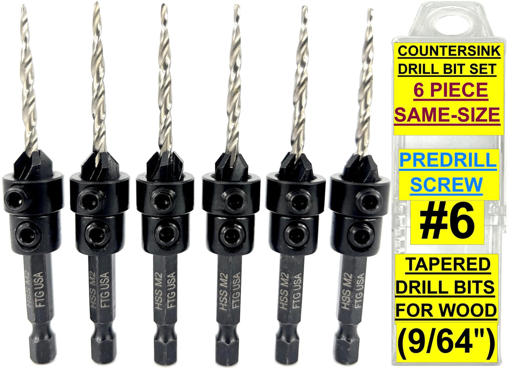 FTG USA 6 Pc #6 (9/64") Countersink Drill Bit Set with Tapered Drill Bits