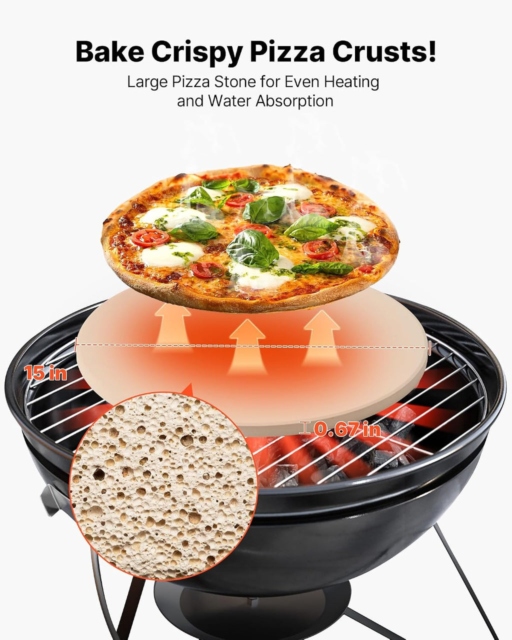 Pizza Stone, 15 in Round Pizza Stone, 0.67 in Large Cordierite Baking-Stone with Metal Peel, Scrape, 1450℉