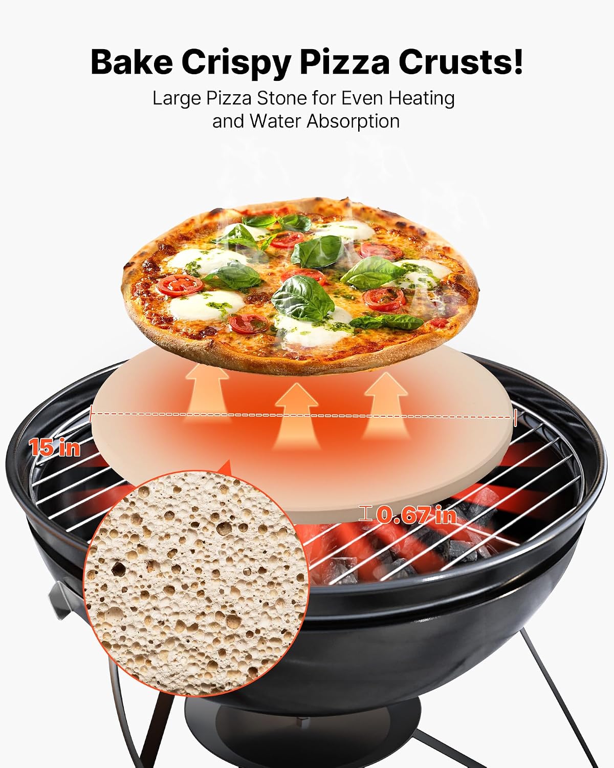 Pizza Stone, 15 in Round Pizza Stone, 0.67 in Large Cordierite Baking-Stone with Metal Peel, Scrape, 1450℉