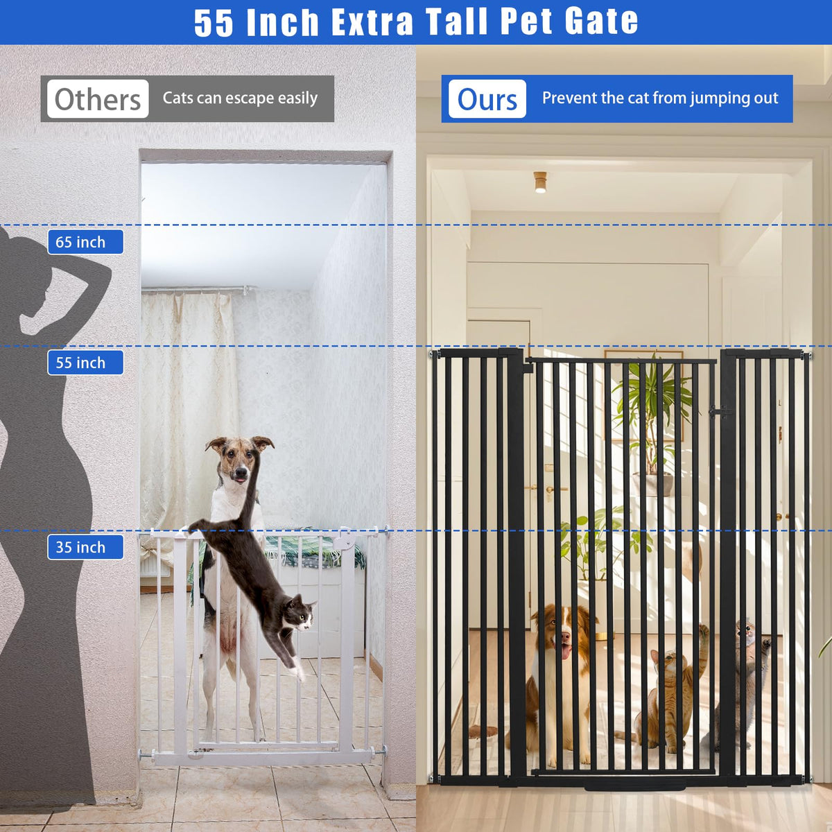 55" Extra-Tall Full-Height Anti-Jump Cat & Pet Safety Gate with Narrow Bar Spacing & Double-Lock Walk-Through Door for Doorways & Stairs