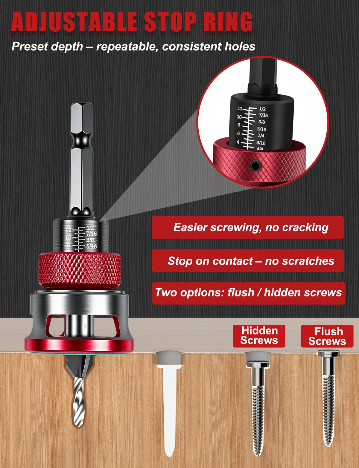 FISHFRUIT 7PCS Countersink Drill Bit Set with Adjustable Depth Stop Collar