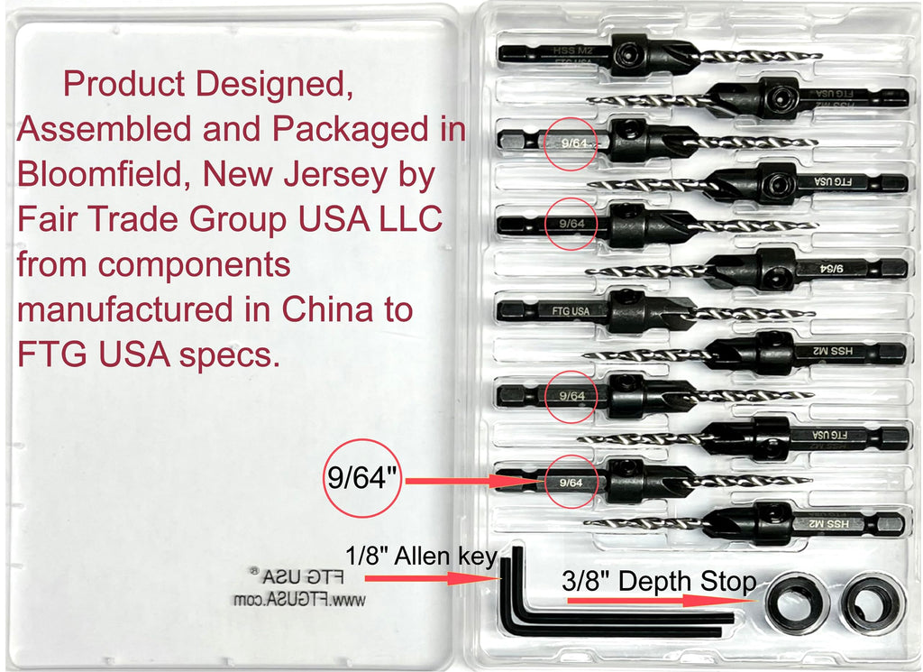 FTG USA 12 Pc #6 (9/64") Tapered Countersink Drill Bit Set with 2 Stops