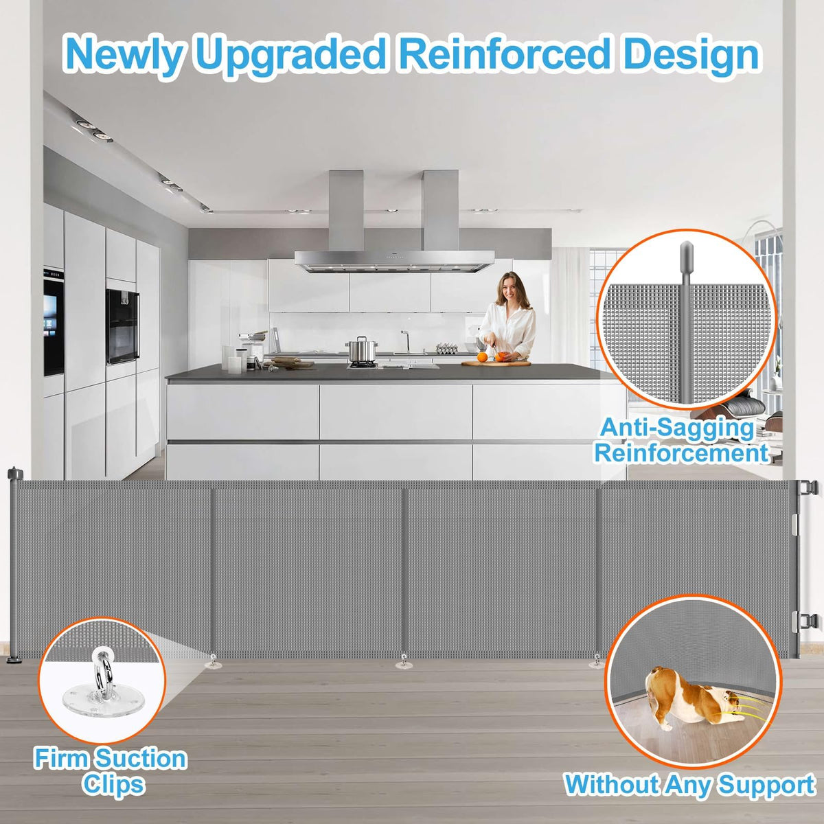 180" x 41" Extra-Wide Retractable Indoor Mesh Pet & Child Safety Gate with One-Hand Safety Lock for Wide Openings, Patios & Stairways