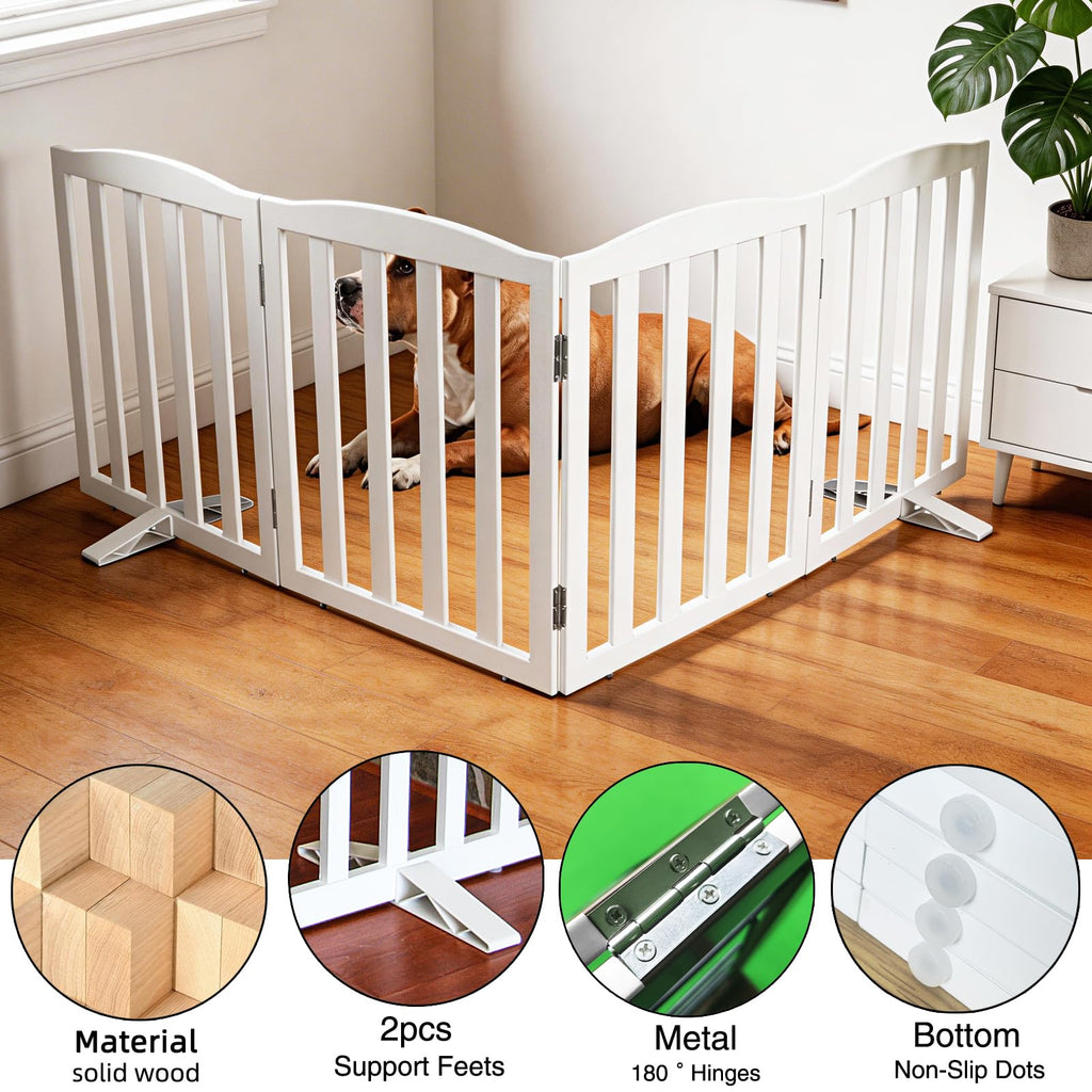Freestanding Solid Wood Folding Pet & Dog Barrier Gate with Support Feet for Wide Indoor Openings, Hallways & Stairs — White
