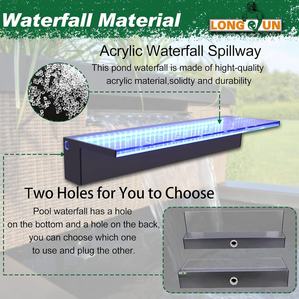 Waterfall Spillway, APP Control Multi-Color LED Light Outdoor Pool Fountain, Acrylic Water Spillway Koi Pond