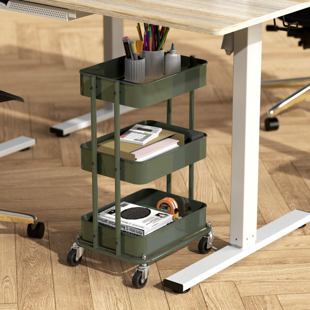 3-Tier Utility Cart, Low 24" Height Fits Under Desk, Green