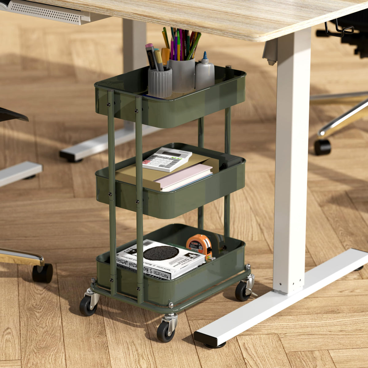 3-Tier Utility Cart, Low 24" Height Fits Under Desk, Green