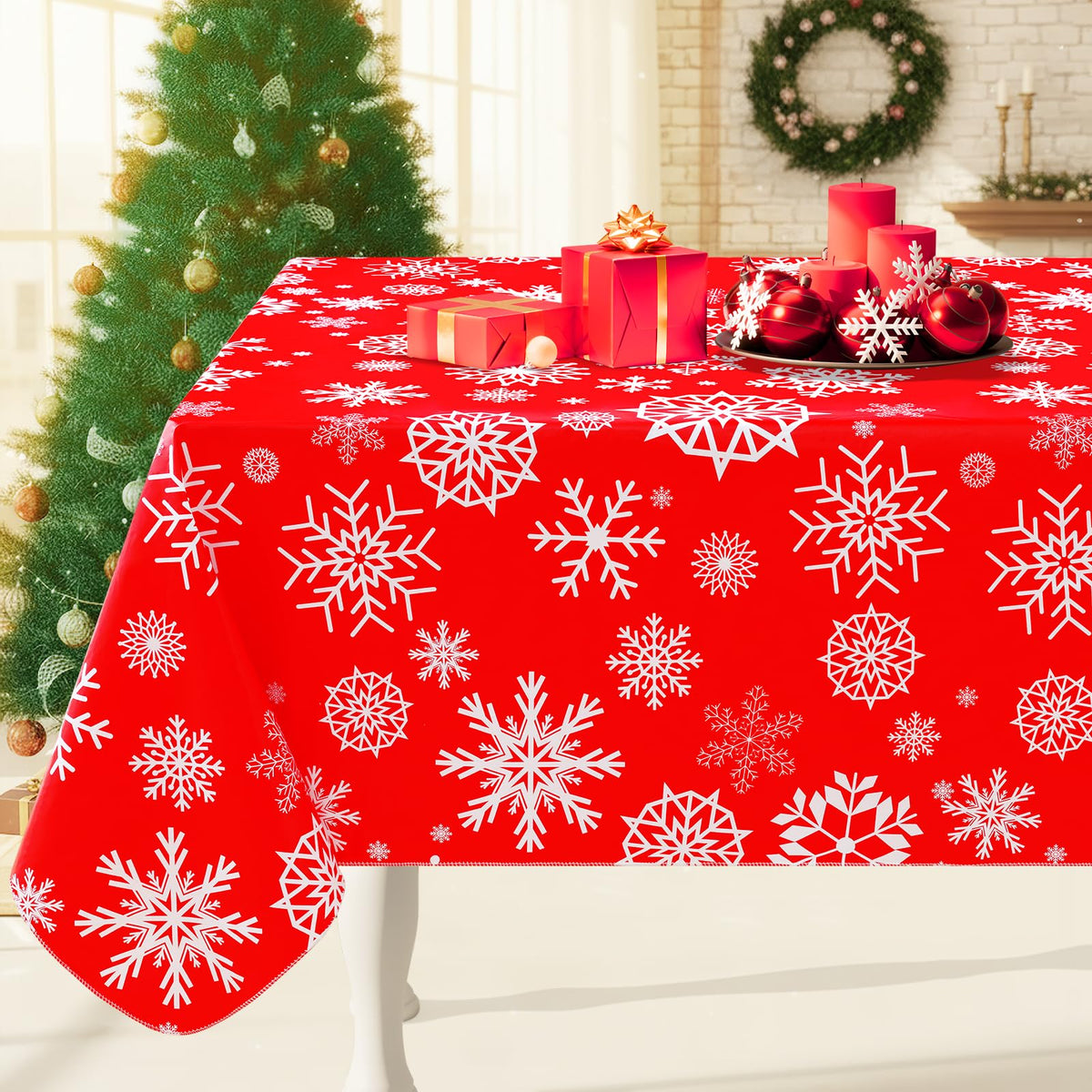 Christmas Table Cloth, Flannel Backed Vinyl Tablecloth, 60"x84"