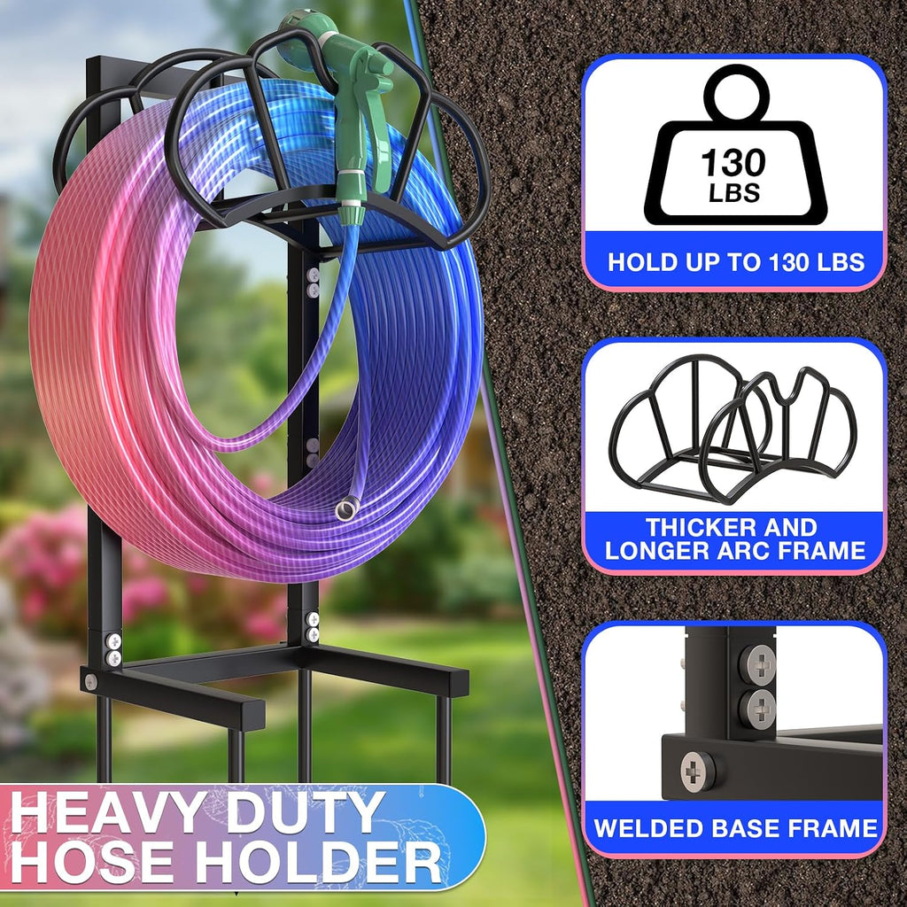 Garden Hose Holder Holds 160ft, Rustproof Water Hose Storage, Black | Super Stable Water Hose Reels for Outside, Easy