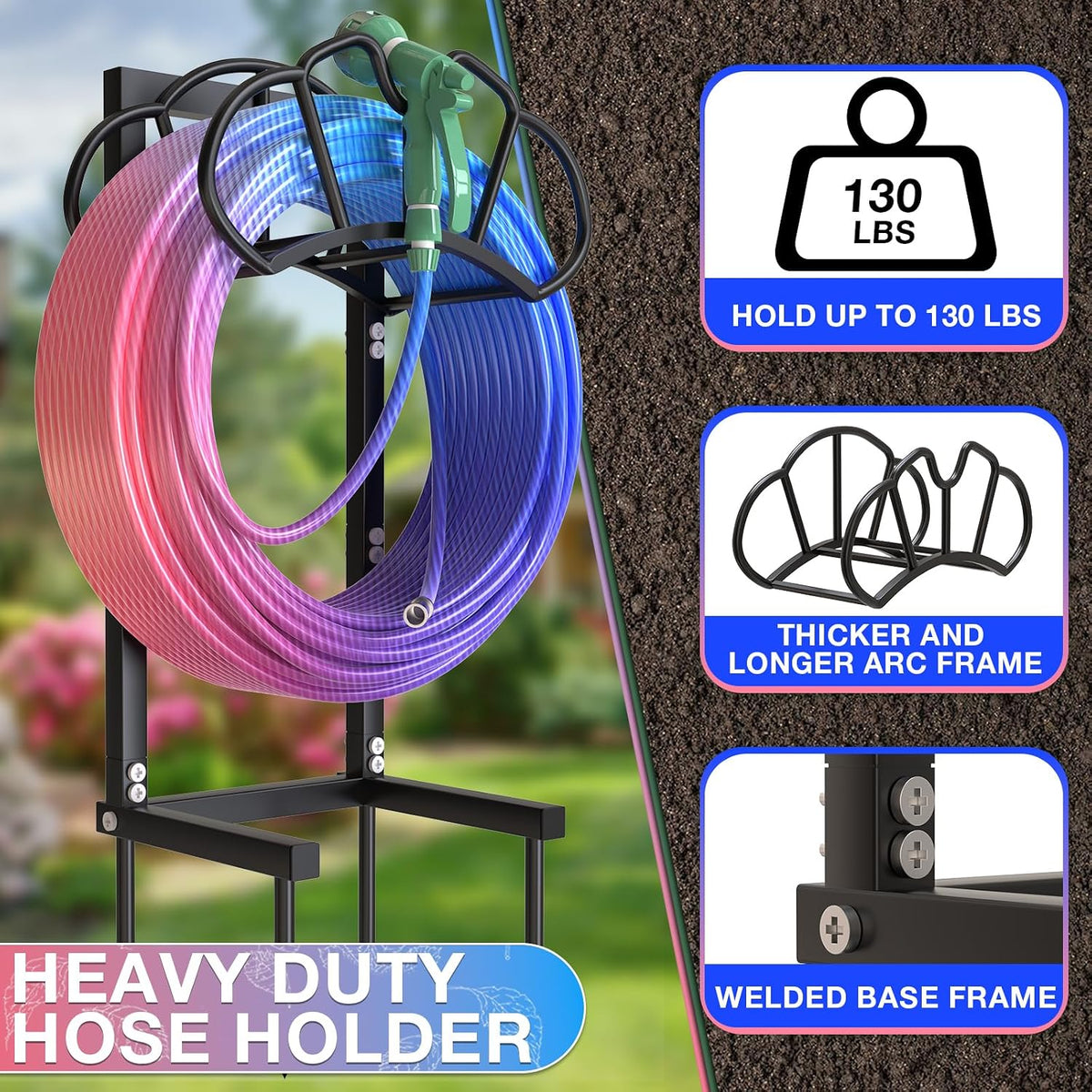 Garden Hose Holder Holds 160ft, Rustproof Water Hose Storage, Black | Super Stable Water Hose Reels for Outside, Easy