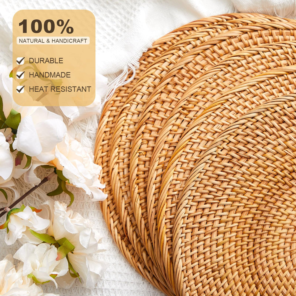6 Pack Round Rattan Placemats, 13 Inch Rattan Chargers for Table