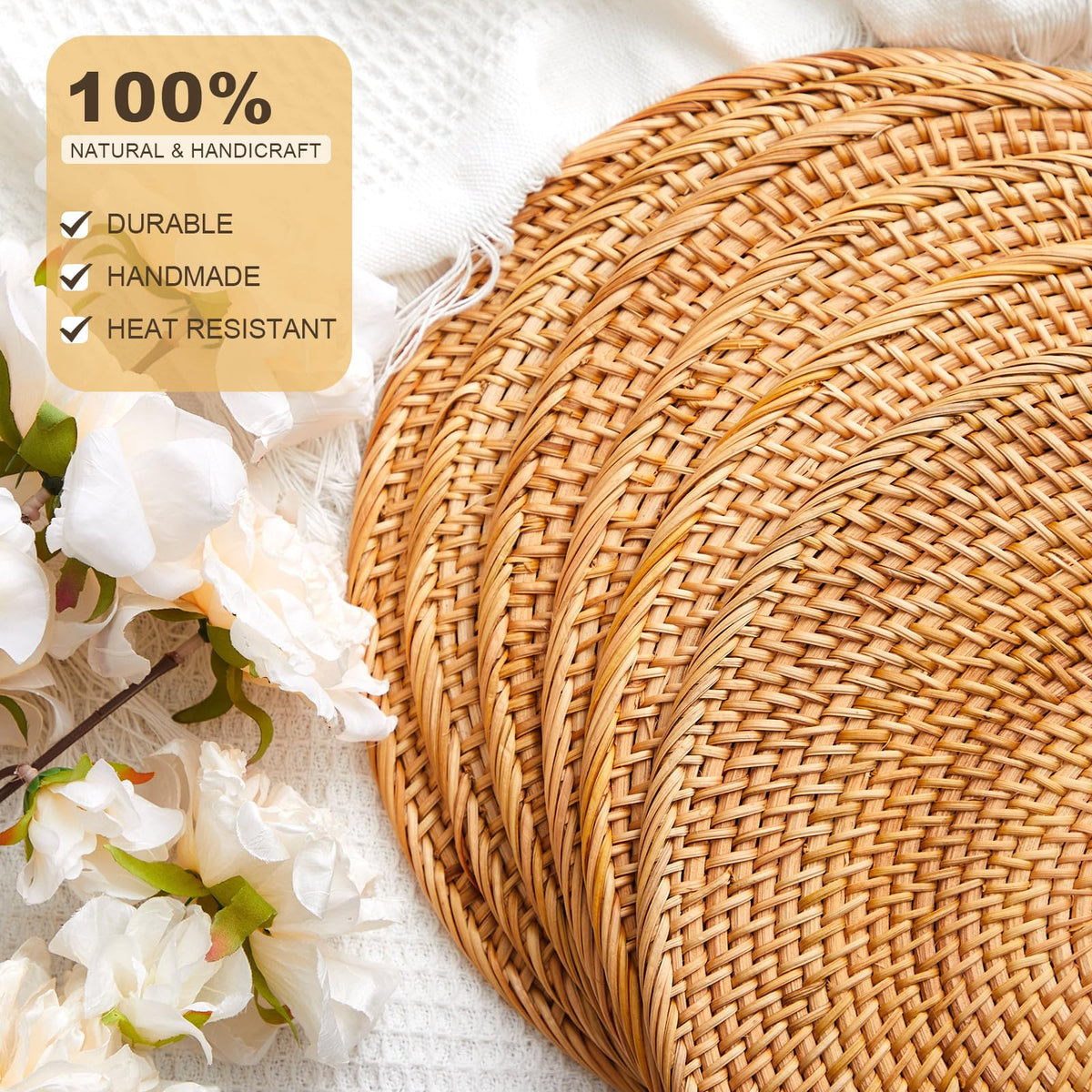6 Pack Round Rattan Placemats, 13 Inch Rattan Chargers for Table