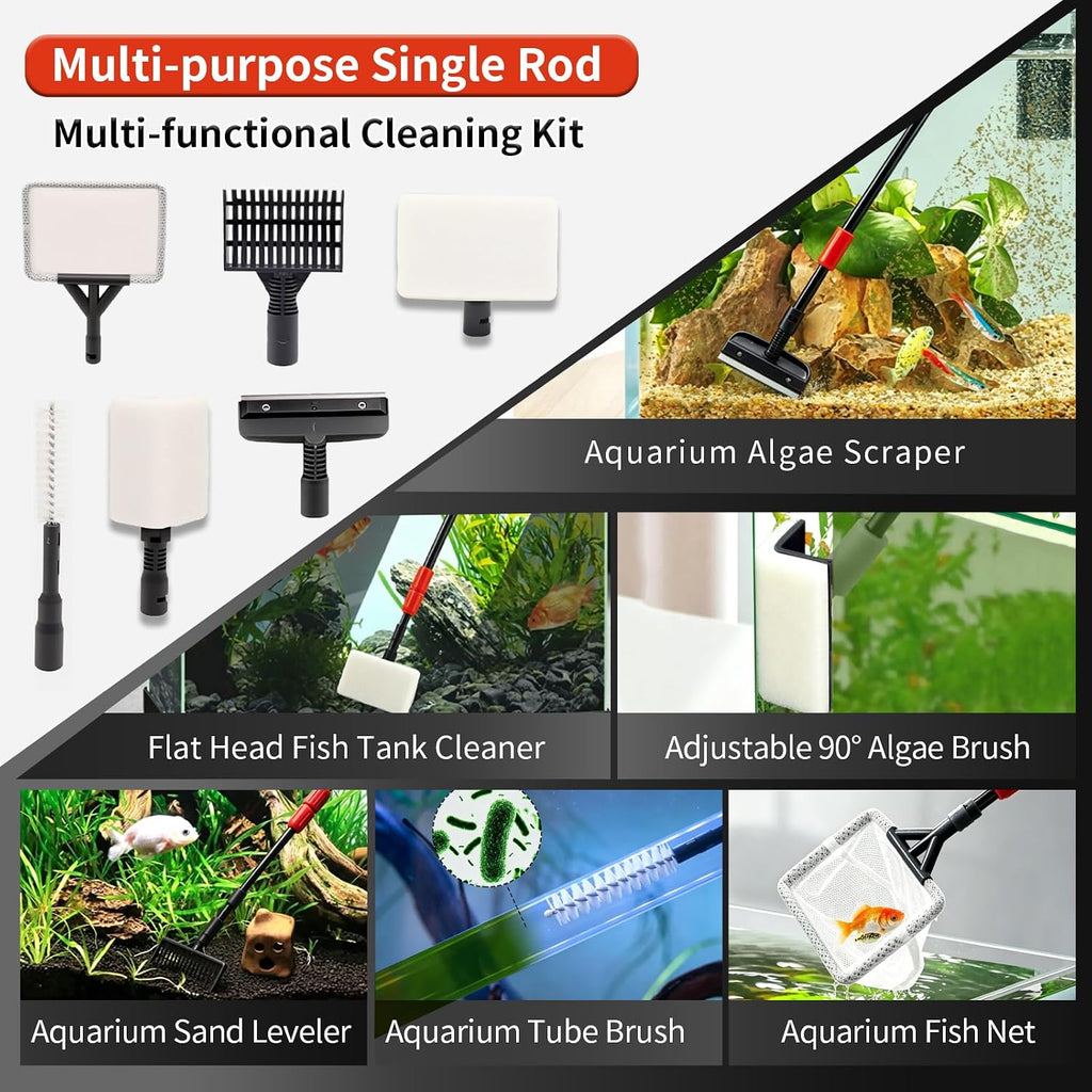 Aquarium Clean Tool 6 in 1 Fish Tank Cleaning Kit Algae Scraper Scrubber Pad Adjustable Long Handle Fish Tank Brush