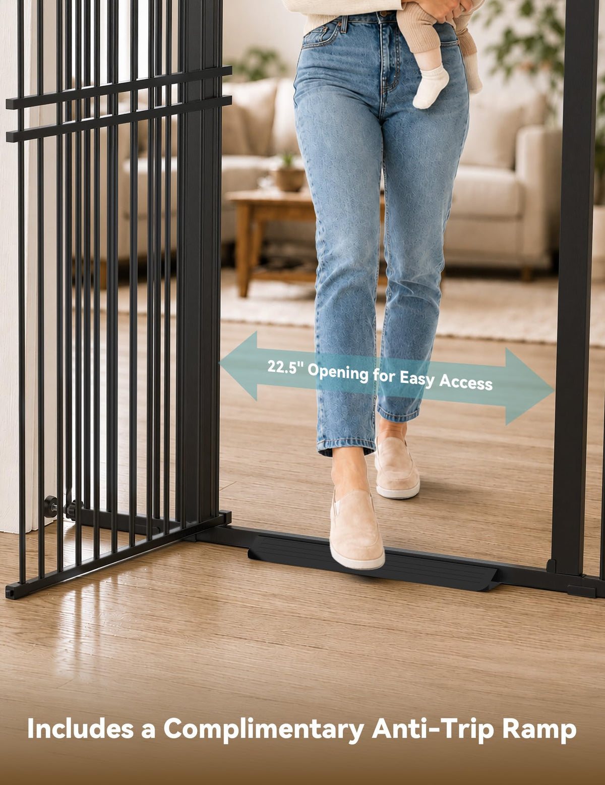 55" x 29-40" Wide Extra-Tall & Extra-Wide Adjustable Hardware/Pressure-Mounted Pet & Child Safety Gate with Dual-Lock Walk-Through Swing Door for Stairs, Hallways & Wide Doorways — Black