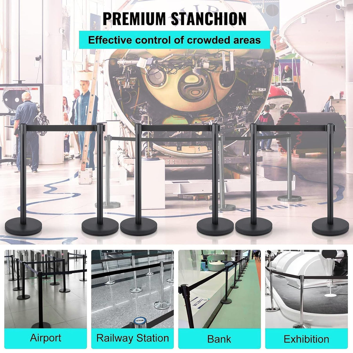 Crowd Control Stanchion Set Crowd Control Barriers with Retractable Belts 6.5Ft, 36 Inches Height, 2 Packs, Black