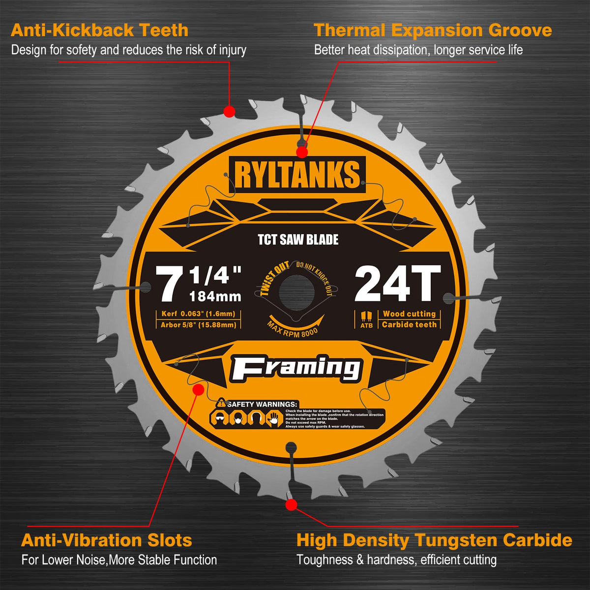 Ryltanks 7-1/4 Inch Circular Saw Blade 24T with 5/8 Inch Arbor, 10-Pack