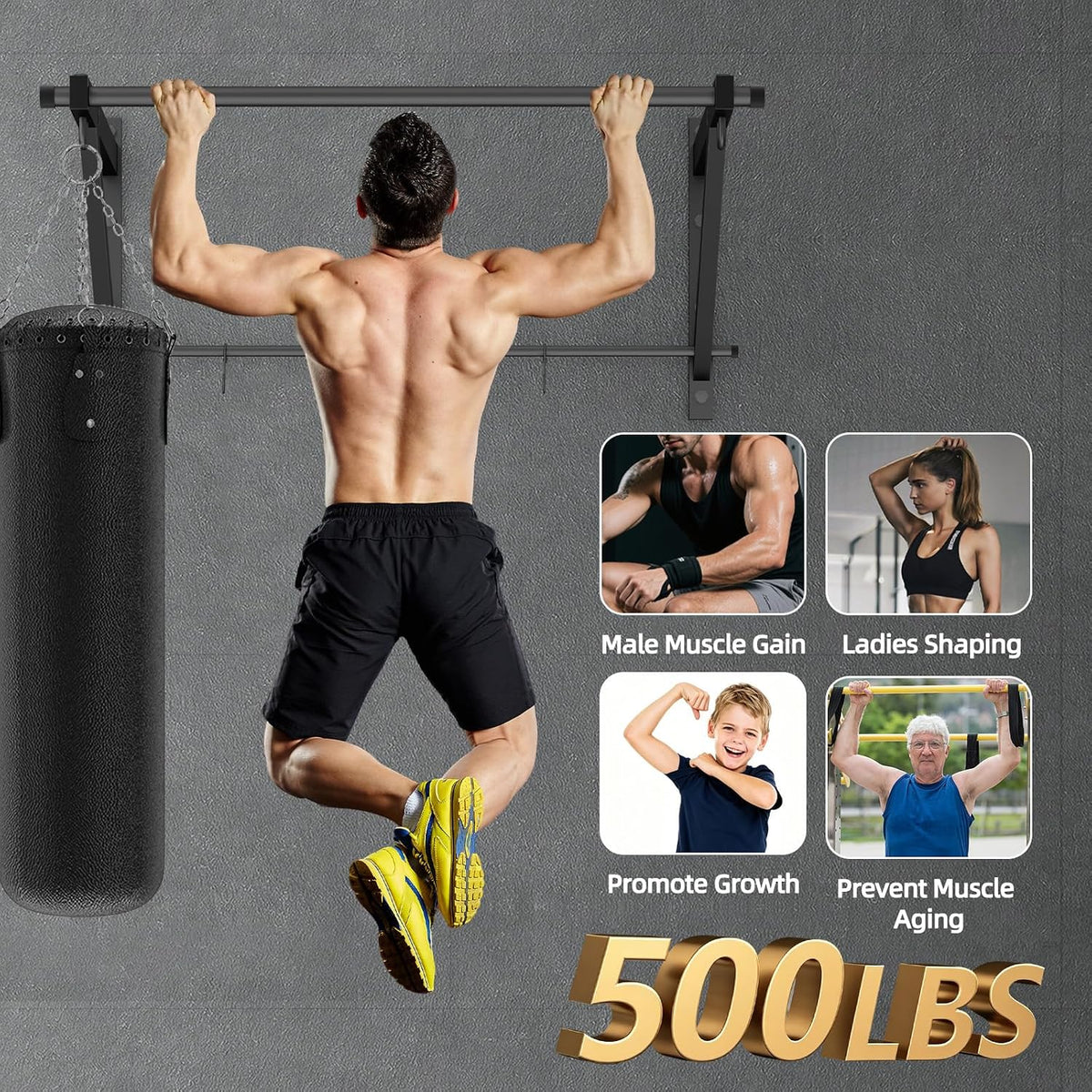 Adjustable Depth Pull Up Bar, Wall & Doorway Mounted Chin Up Bar with Hooks, Thickened Steel Construction, 500LBS