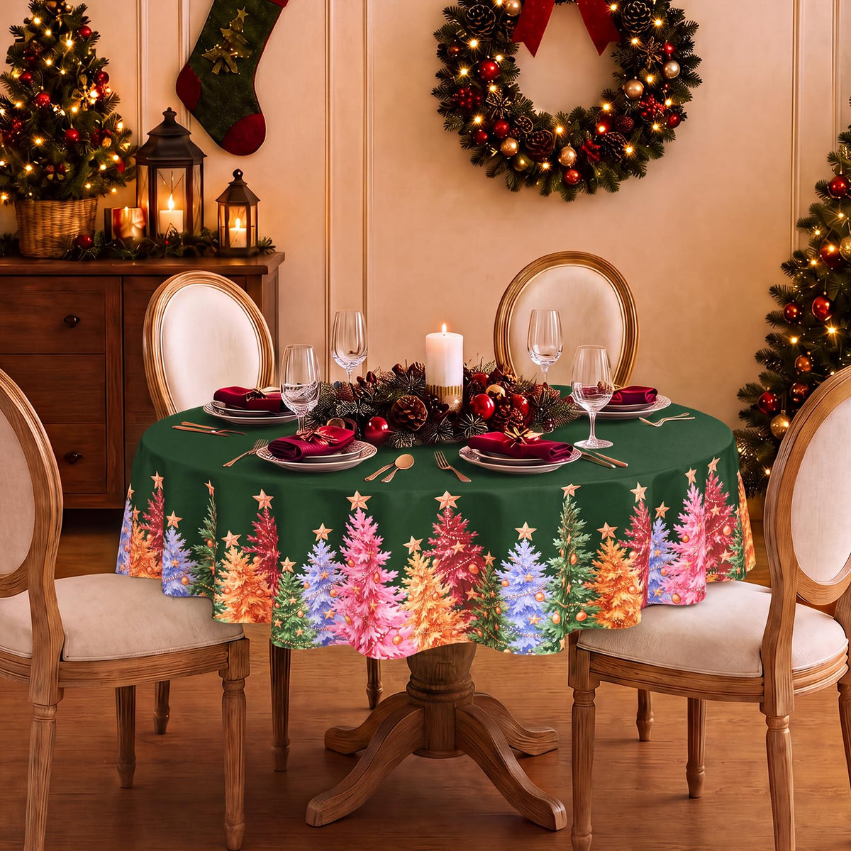 Green Christmas Round Tablecloth Xmas Tree Holiday Decor, 70 Inch