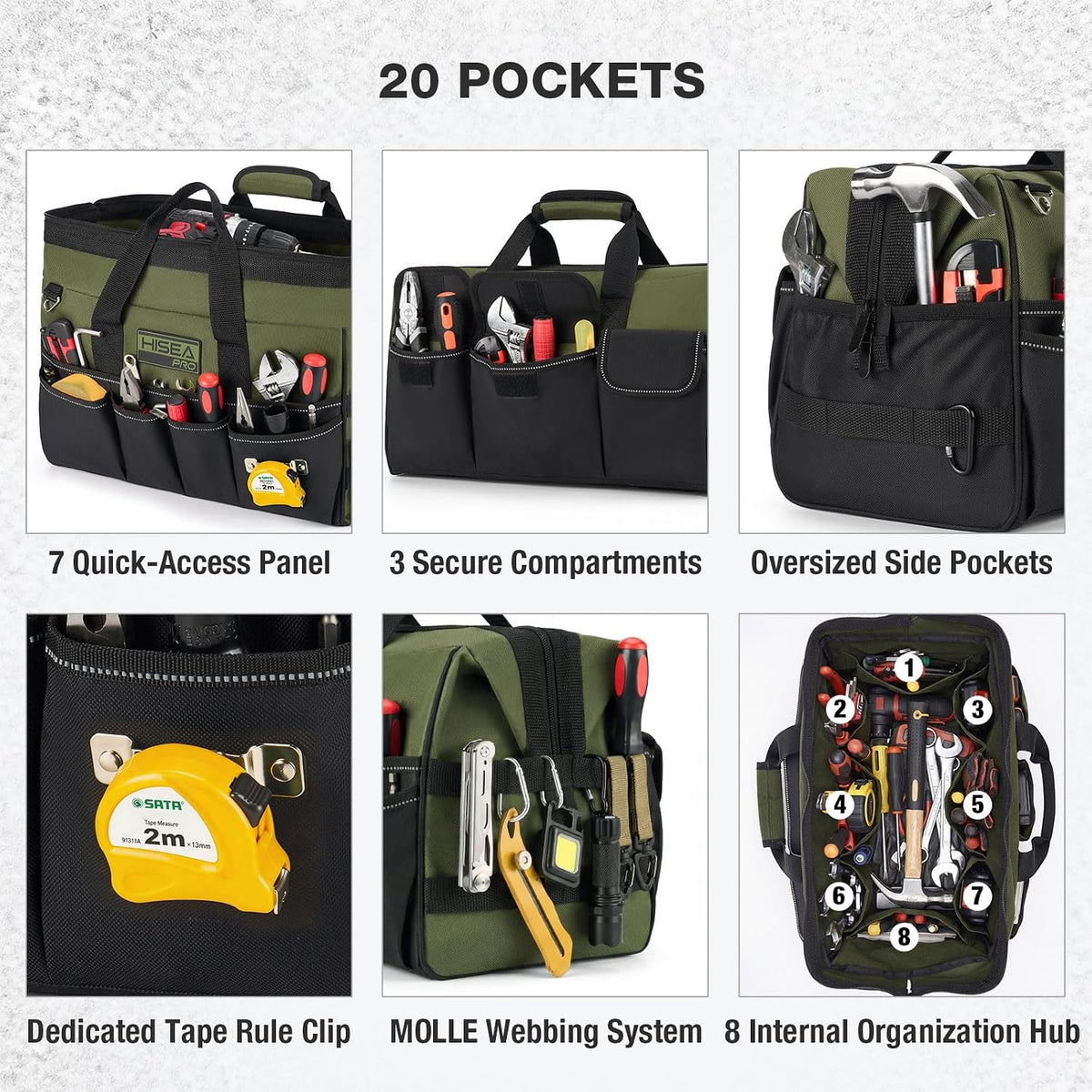 Heavy Duty Tool Bag 20 Pockets, 16-Inch Portable Tool Box Organizer, 600D Waterproof Wide Mouth Large Storage Toolbag