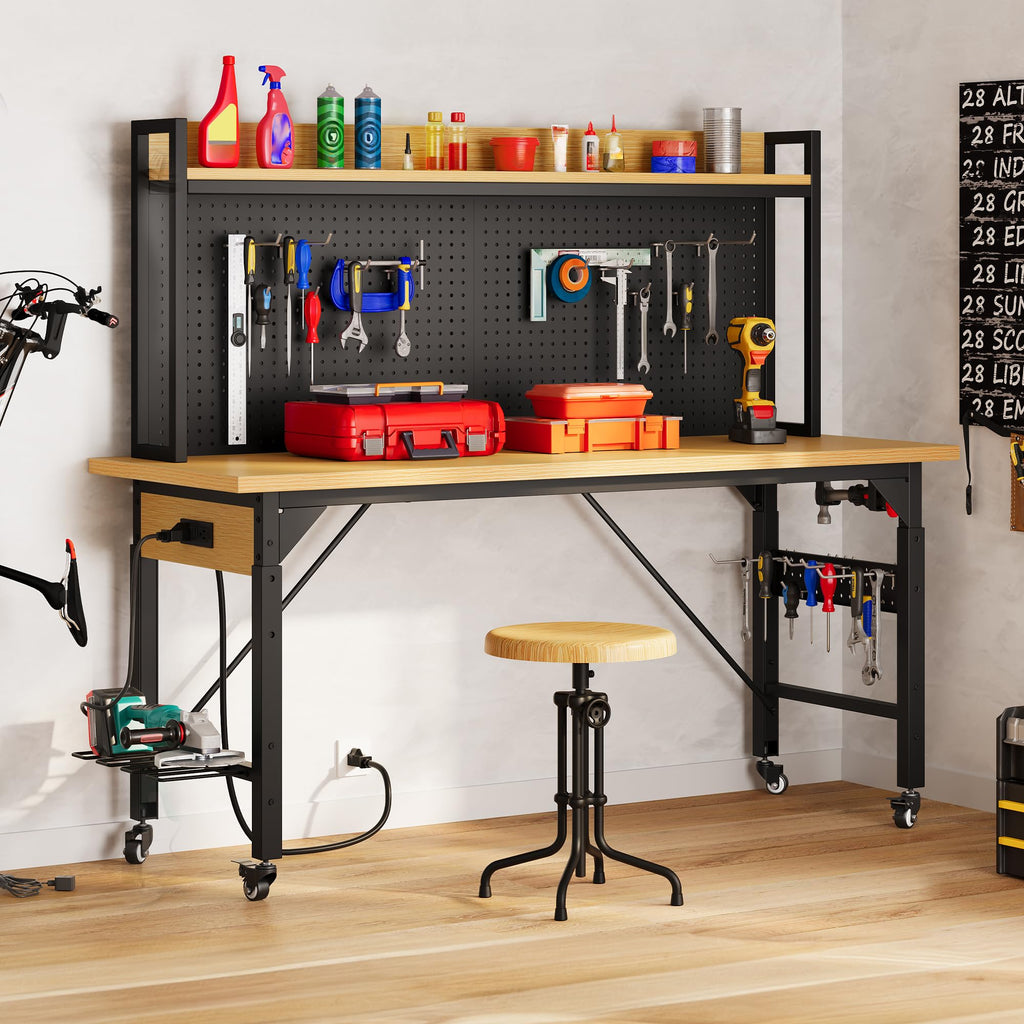 60in Heavy Duty Workbench with Pegboard & Wheels Adjustable Work Table