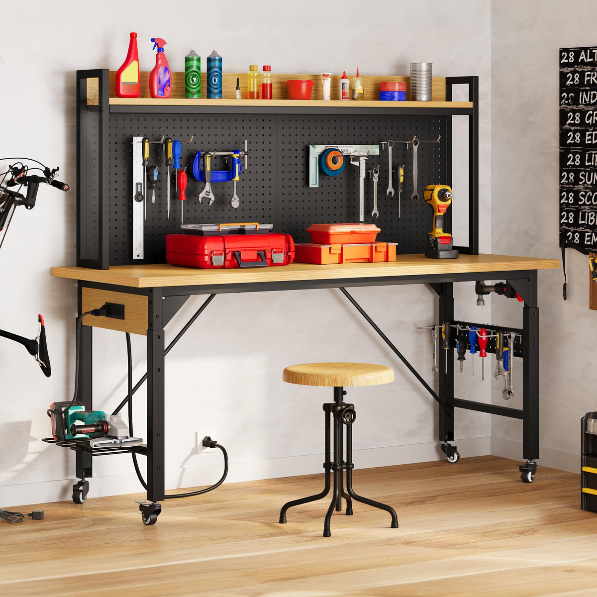 60in Heavy Duty Workbench with Pegboard & Wheels Adjustable Work Table