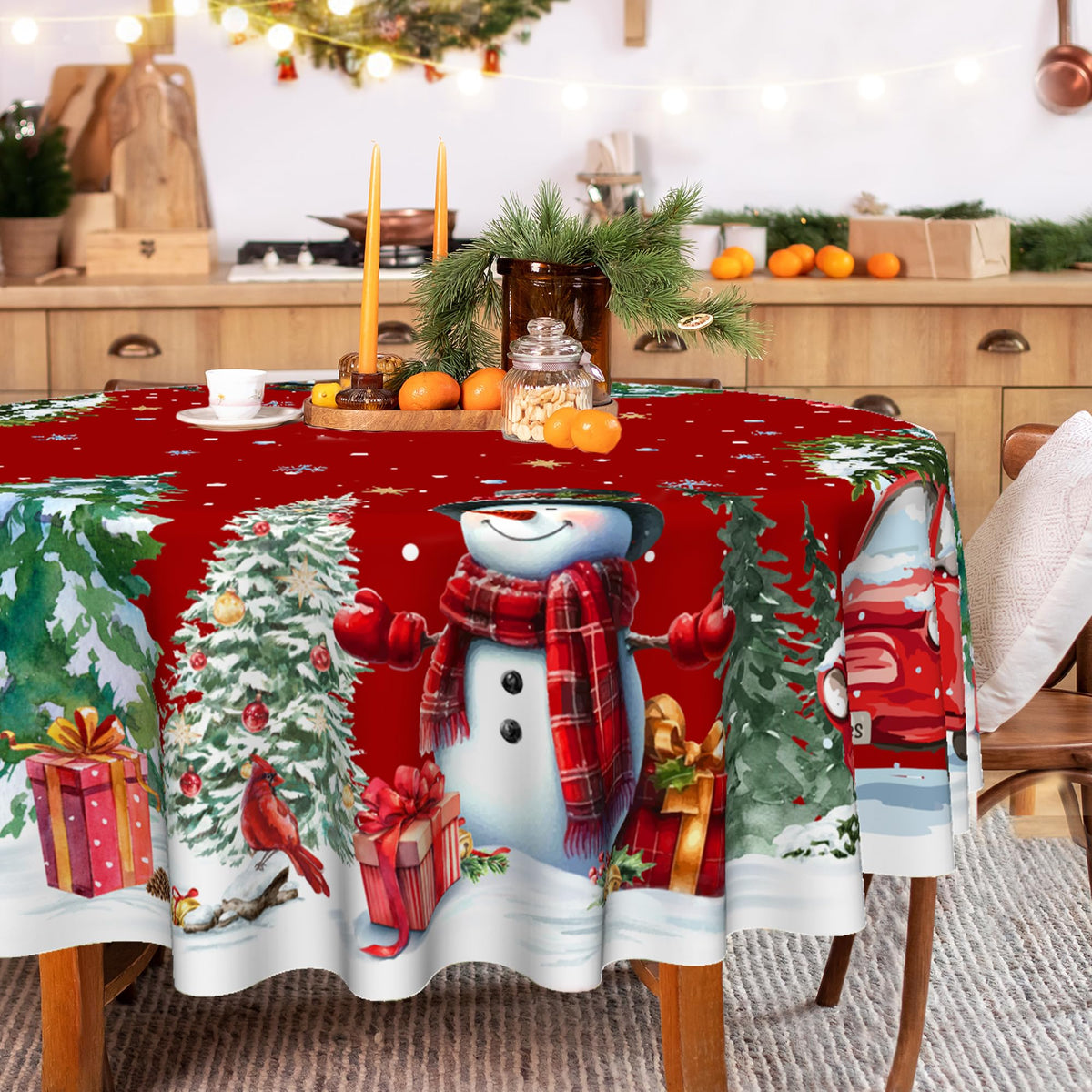 Christmas Round Tablecloth 60 Inch, Christmas Decorations for Home Snowmen Red Table Cloth for Round Festival, Xmas