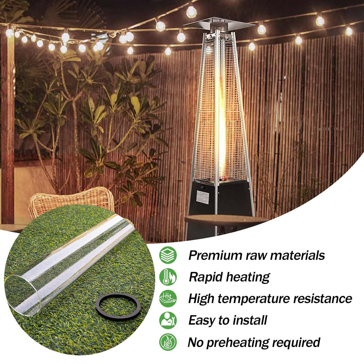 Patio Heater Glass Tube Replacement,49.5" Tall 4" Diameter with Silicone Connecting Ring Compatible with Four-Sided