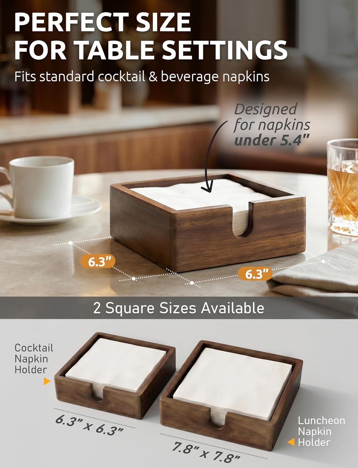 Acacia Wood Cocktail Napkin Holder 5.4 in, Square Bar Napkin Tray