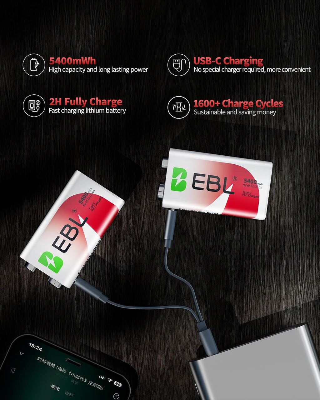 Rechargeable 9V Lithium Battery 5400mWh, USB-C 2H Fast Charge (2 Pack) | Mercury-Free, 40% Lighter - recharge in 2