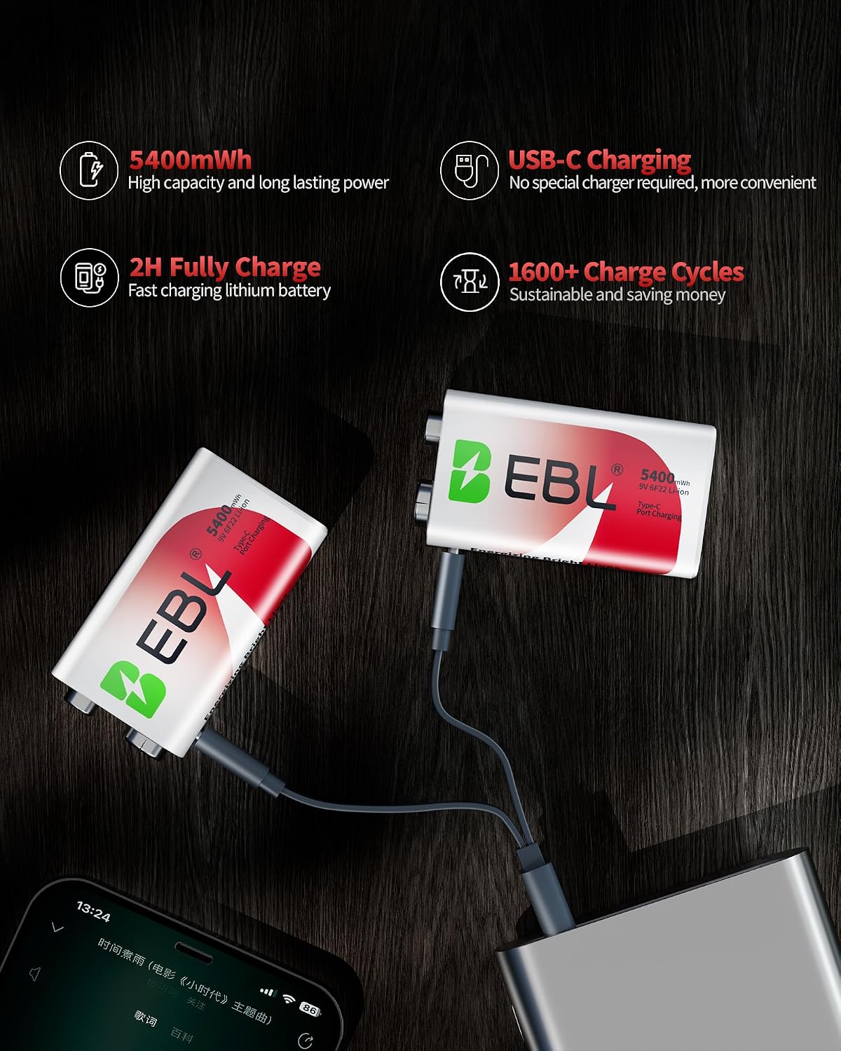 Rechargeable 9V Lithium Battery 5400mWh, USB-C 2H Fast Charge (2 Pack) | Mercury-Free, 40% Lighter - recharge in 2