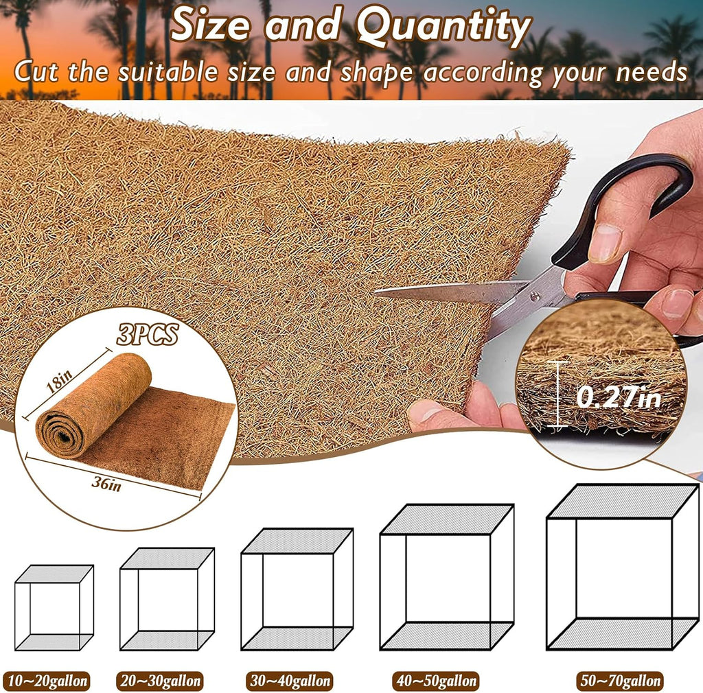 3 Rolls Reptile Carpet 18x36 Inch Coconut Fiber Mat for Tank Bedding