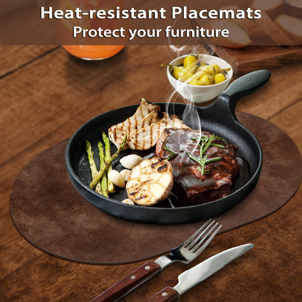 Oval Placemats Set of 4, Wipeable Faux Leather, Brown