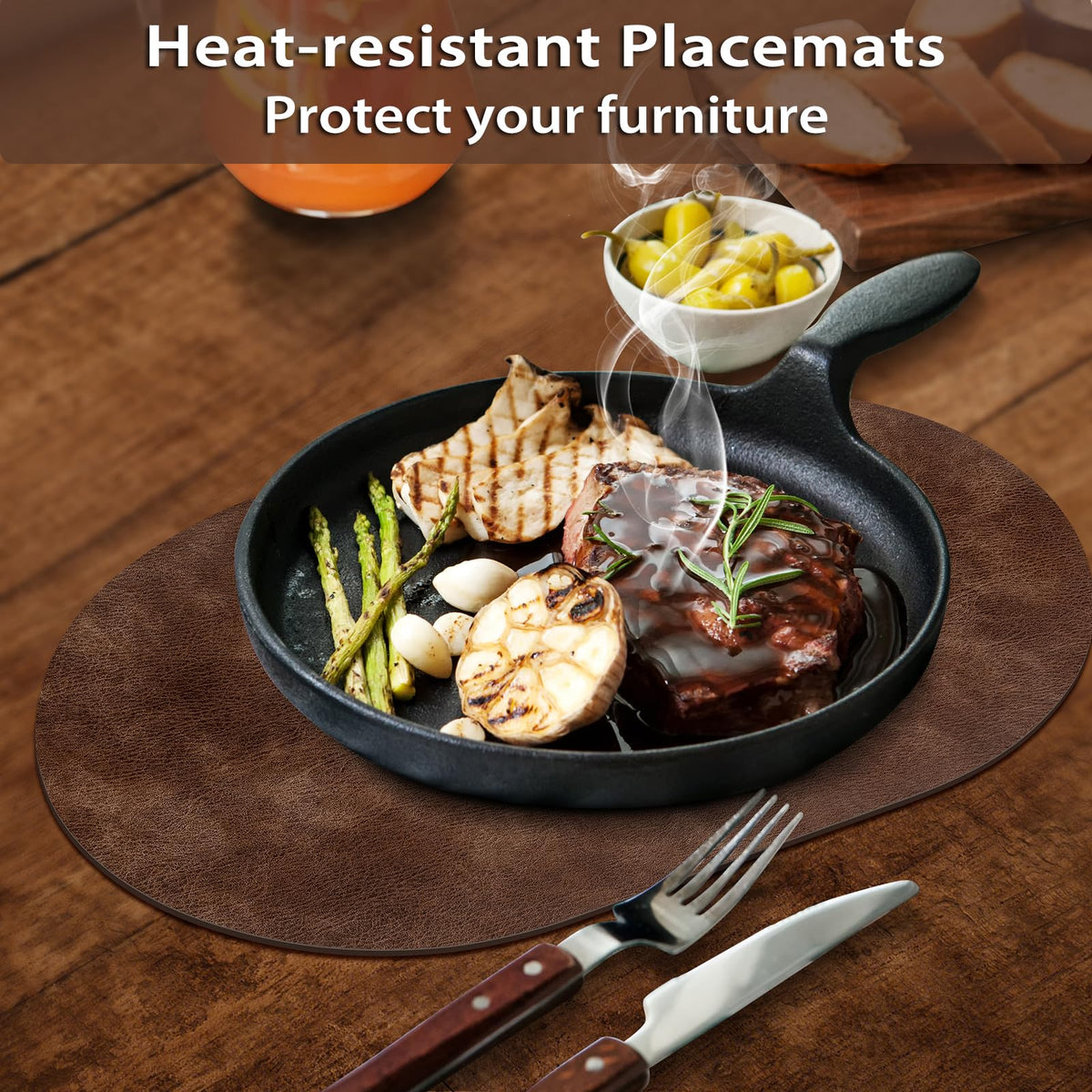 Oval Placemats Set of 4, Wipeable Faux Leather, Brown