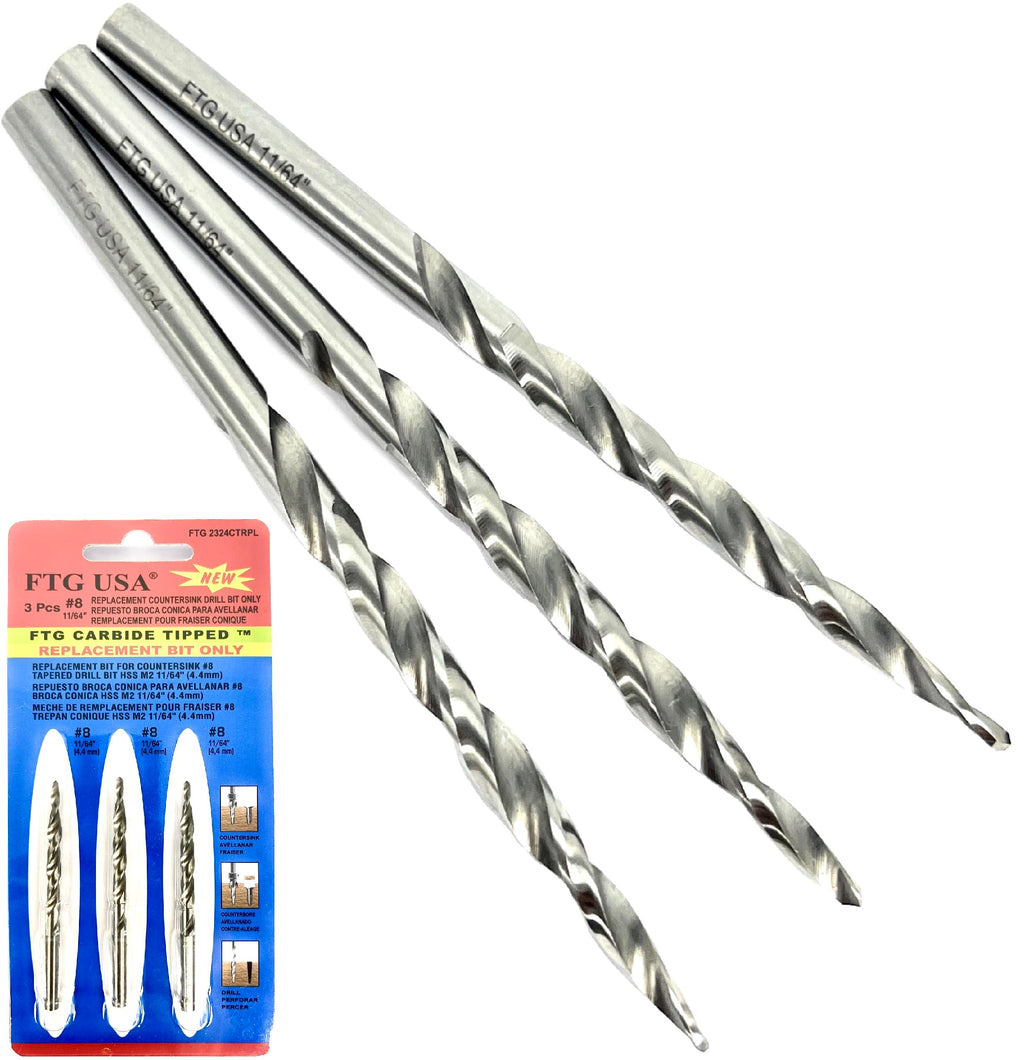 FTG USA 3 Pk #8 (11/64") HSS M2 Tapered Replacement Bits for TCT Countersink