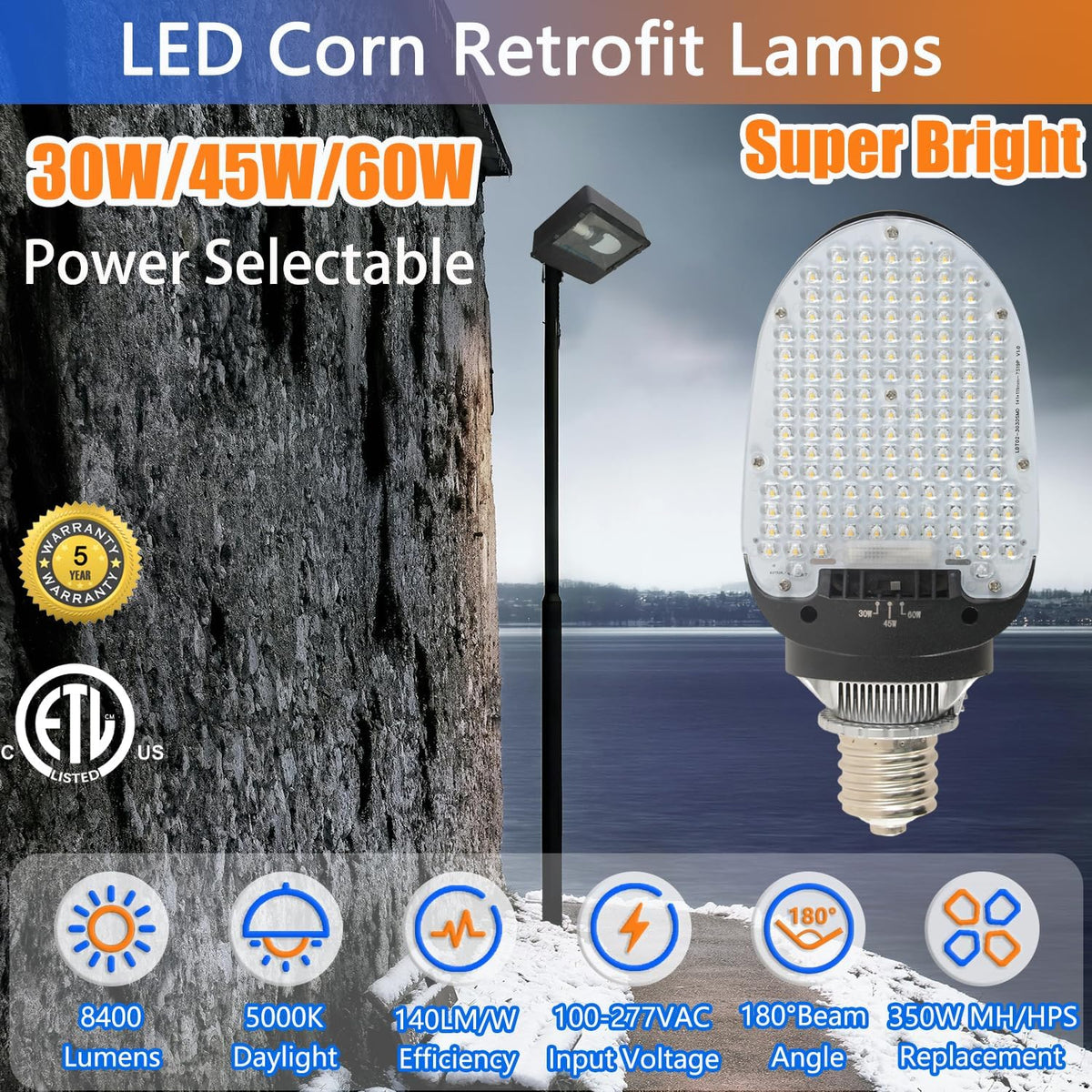LED Shoebox Retrofit Lamp, 30W/45W/60W Selectable, Rotatable E39/E26 Base
