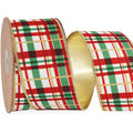 Red Green Plaid Wired Christmas Ribbon, Gold Metallic Back