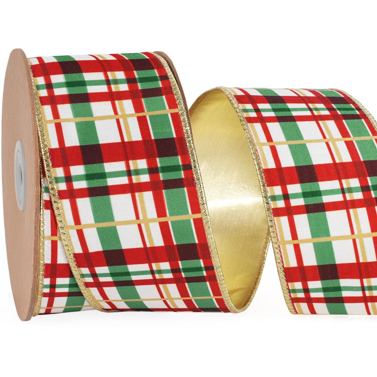 Red Green Plaid Wired Christmas Ribbon, Gold Metallic Back