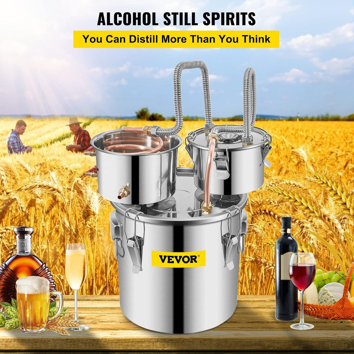 Alcohol Still, 3 Gallon, Stainless Steel Alcohol Distiller with Copper Tube & Build-in Thermometer & Water Pump