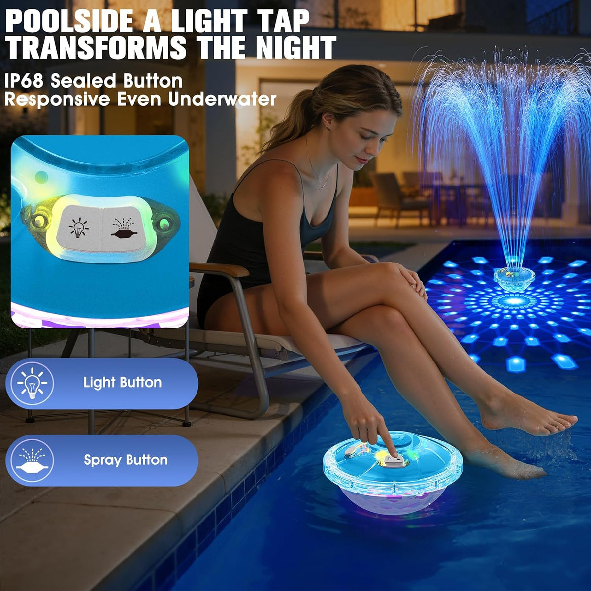 Upgraded Floating Pool Fountain with Light,Large Rechargeable Pool Fountain | 8000mAh Large Battery,6 Light Modes,2