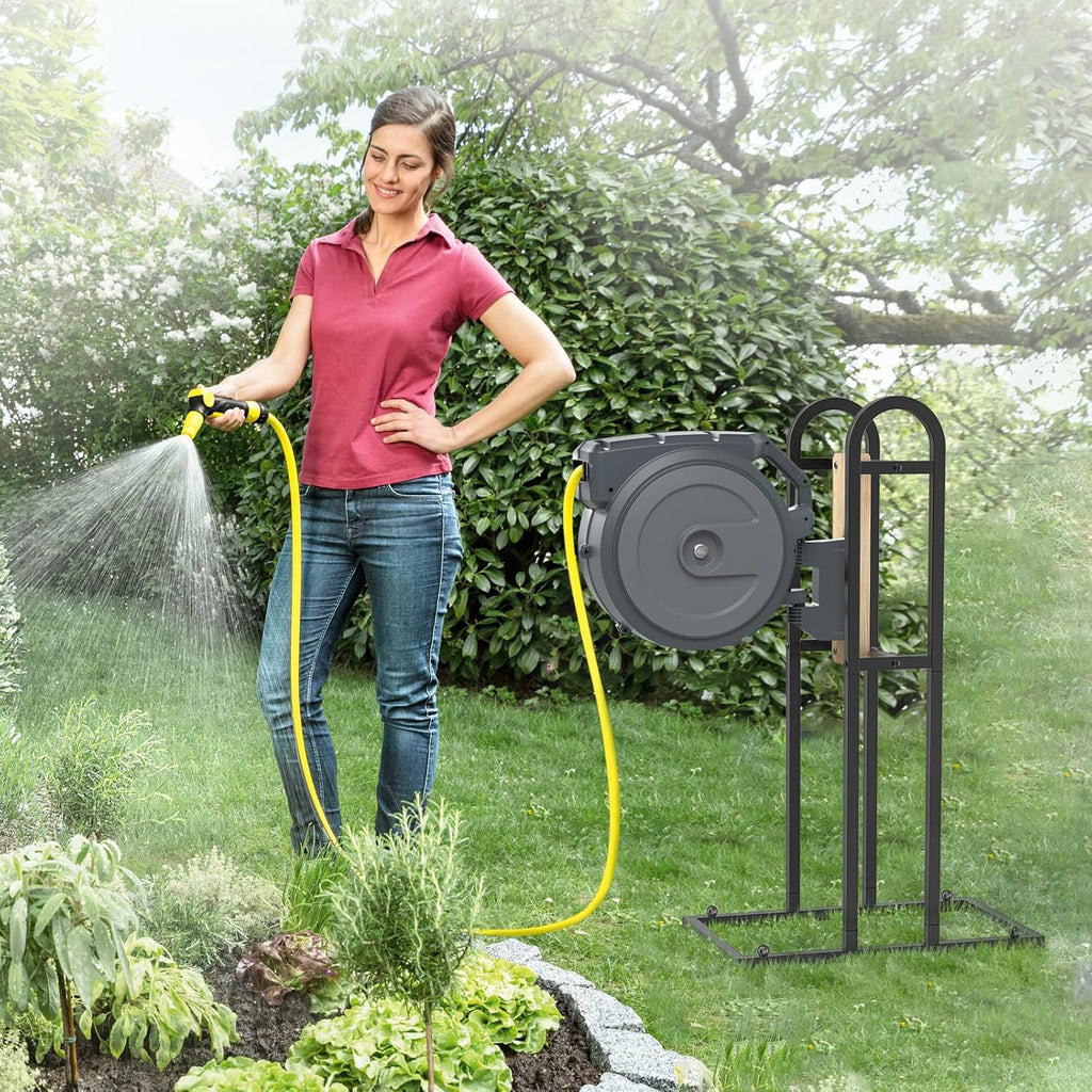Retractable Hose Reel Stand, No Wall Damaged Freestanding Hose Holder Post | Fit for Most Garden Hose Reel with