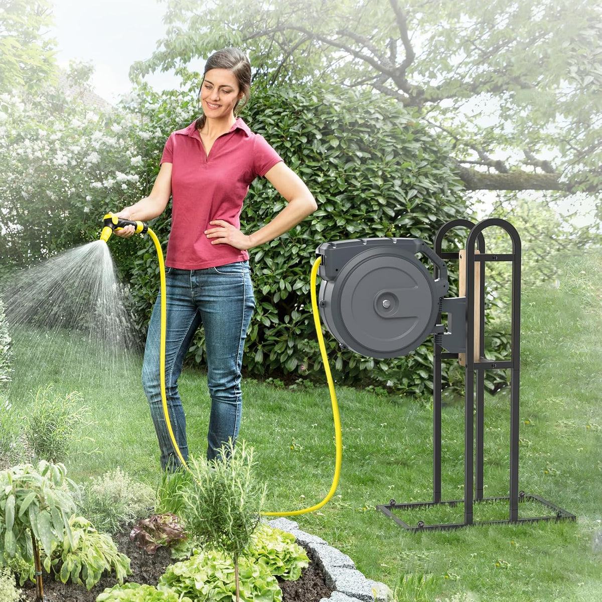 Retractable Hose Reel Stand, No Wall Damaged Freestanding Hose Holder Post | Fit for Most Garden Hose Reel with