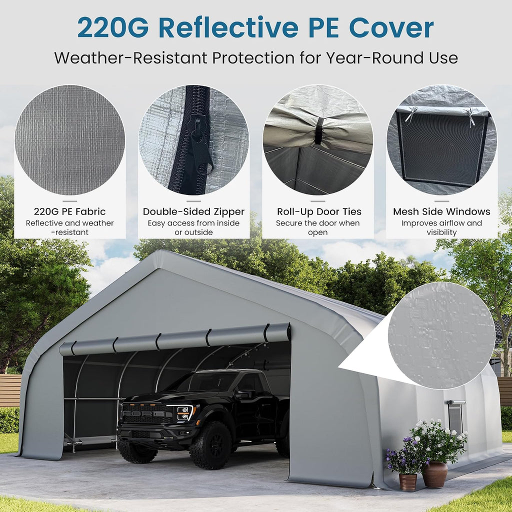 20x20 Reinforced Heavy Duty Carport, Galvanized Steel Frame with Through-Bolt Reinforcement Garage Shelter and