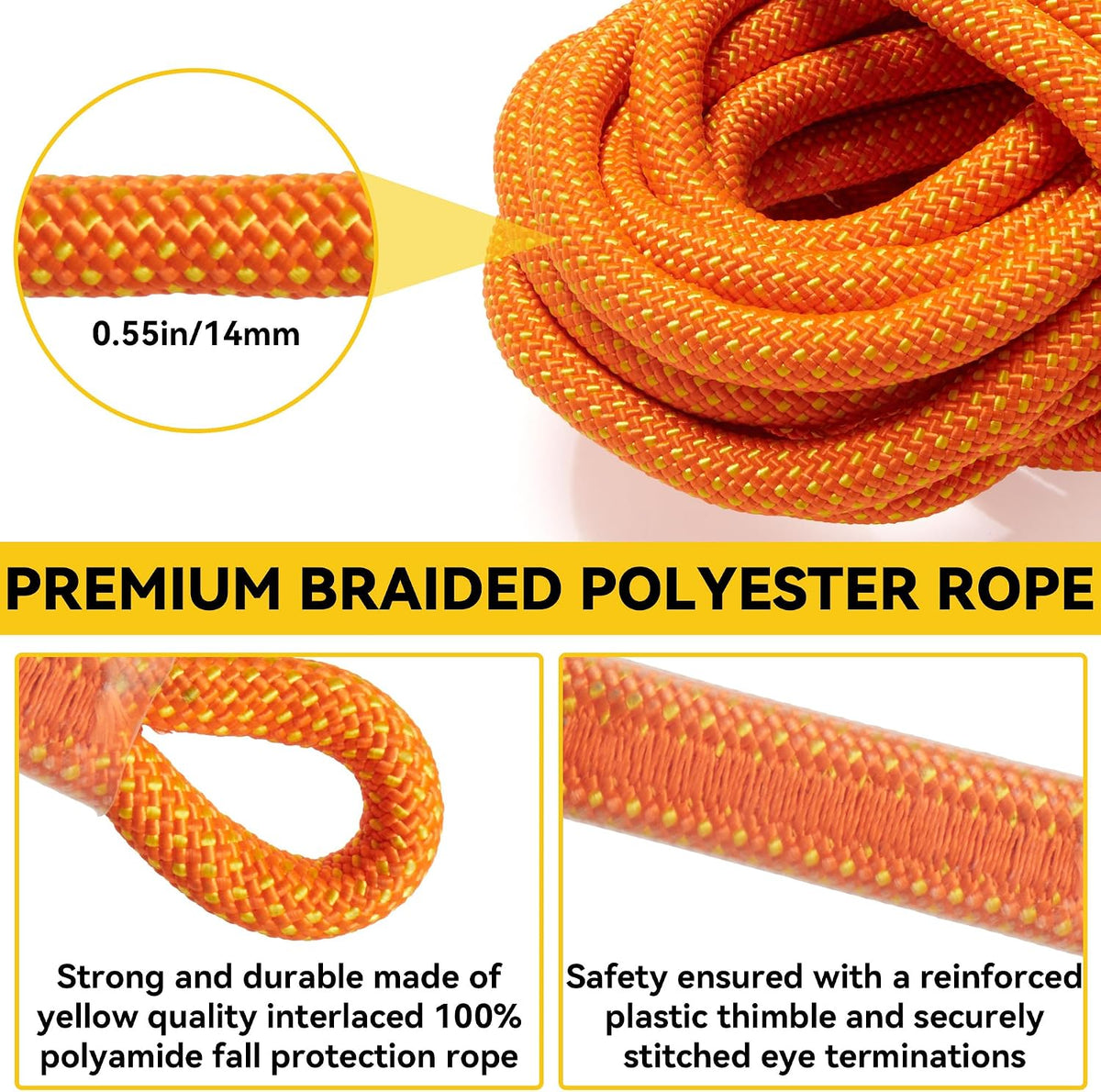 Fall Protection Safety Rope 150FT Roofing Harness Safety Lanyard | Tree Climbing Line Kit with Alloy Steel Grab Snap