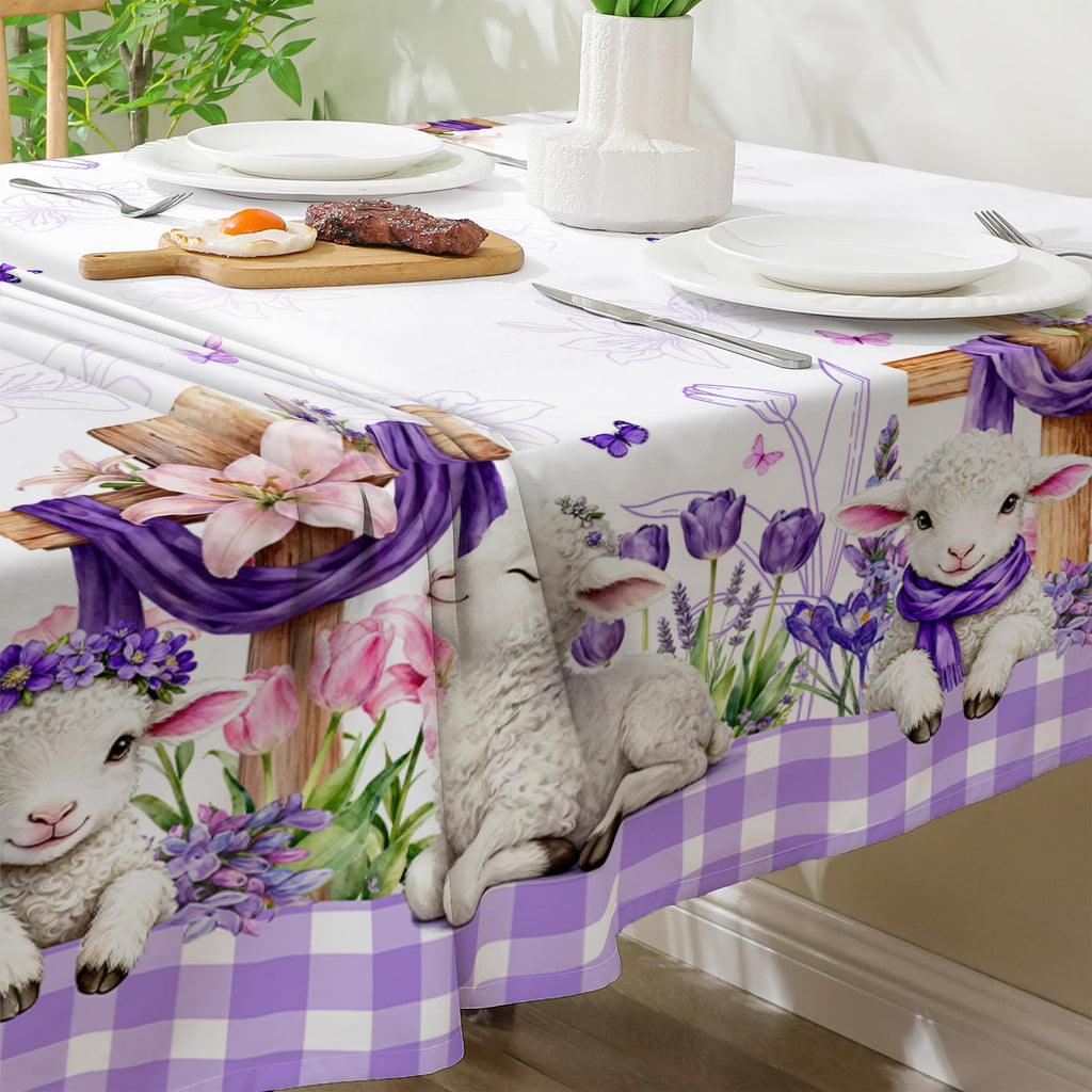 Easter Tablecloth 60x84 Inch Rectangle - Cross and Lamb Easter Decorations for The Home - Purple Plaid Floral Table