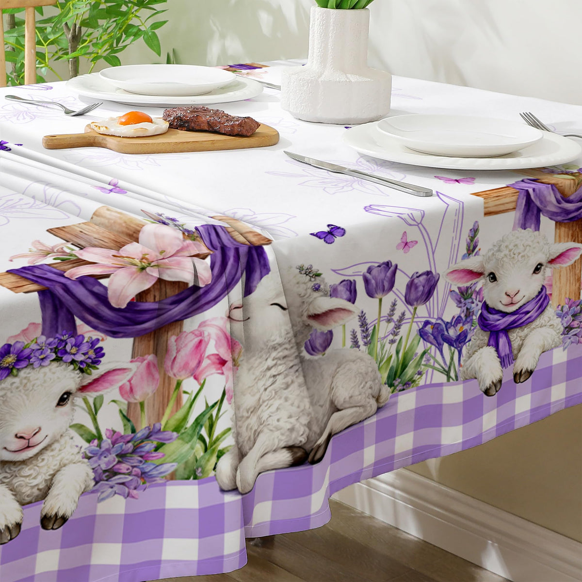 Easter Tablecloth 60x84 Inch Rectangle - Cross and Lamb Easter Decorations for The Home - Purple Plaid Floral Table